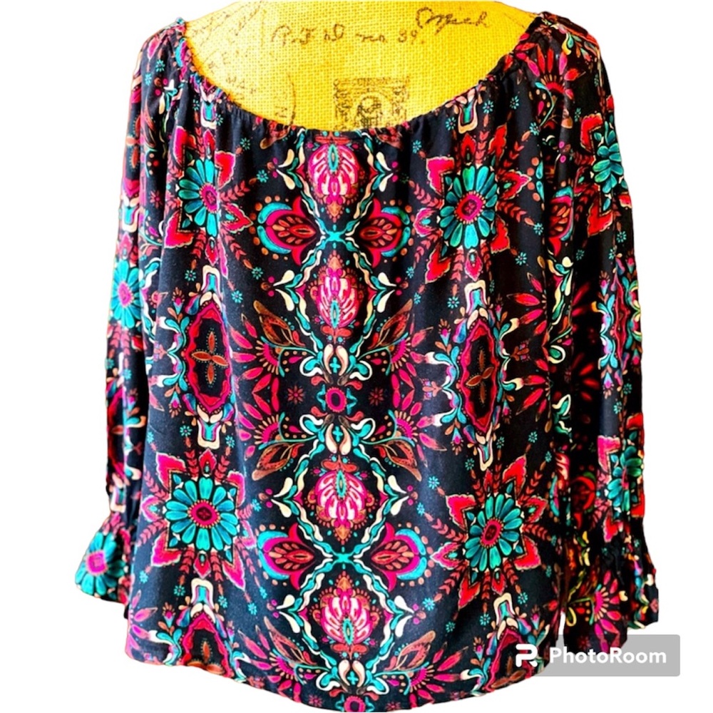 Shayanne Black Print XL 100% Rayon Ruffled  Sleeve Top